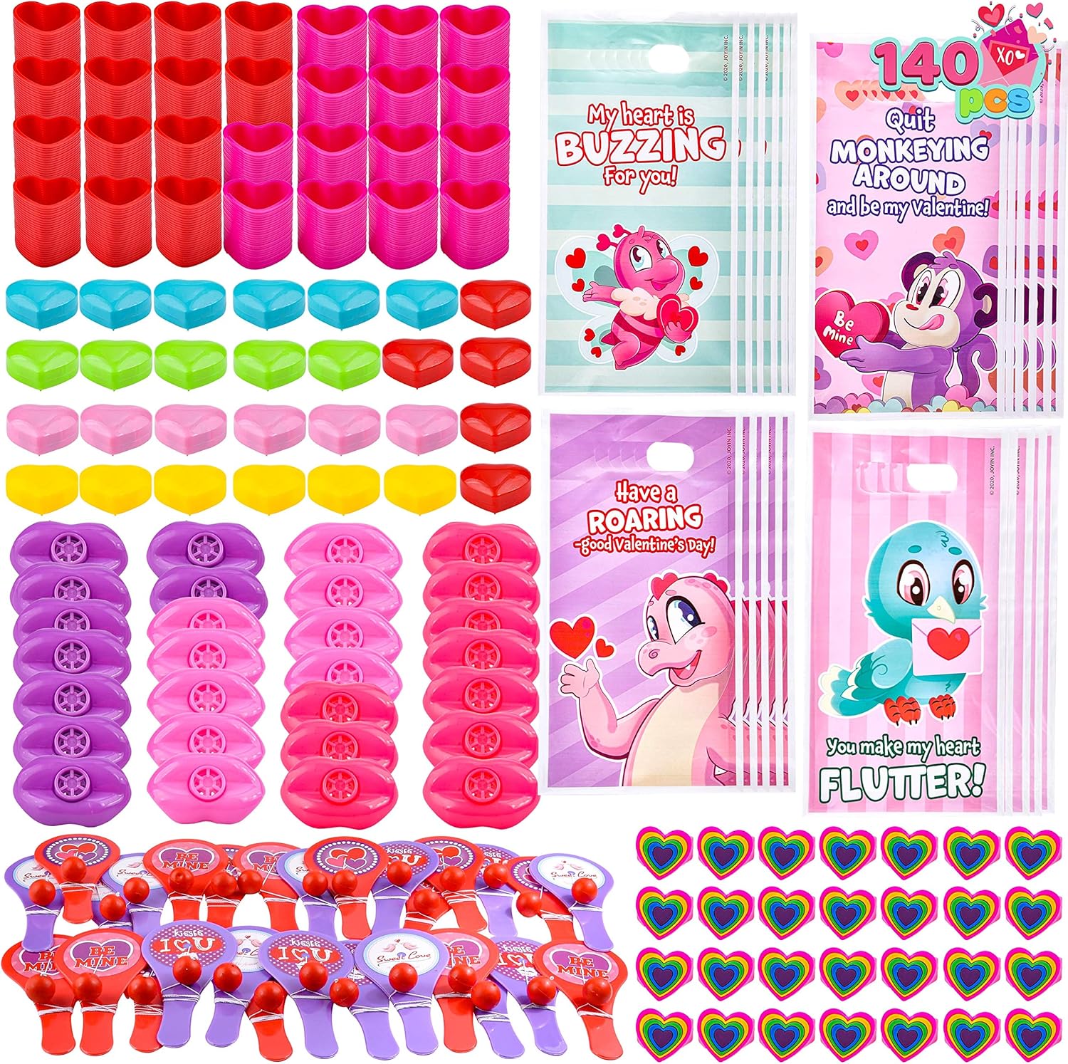 Joyin 140 Pcs Valentines Day Stationery Set with Treat Bags for Kids Party Favor, Classroom Exchange Prizes including Heart Shape Mini Car Toy