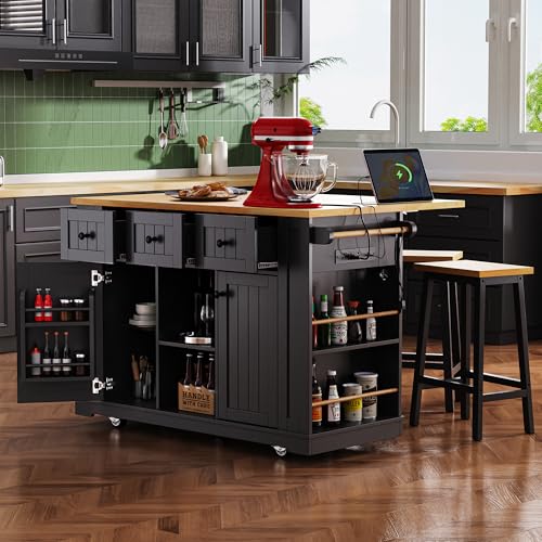Merax 53" Kitchen Cart Island on Wheels with Power Outlet,Drop Leaf,3 Drawers and 5 Open Side Racks,Wood Frame Storage Cabinet