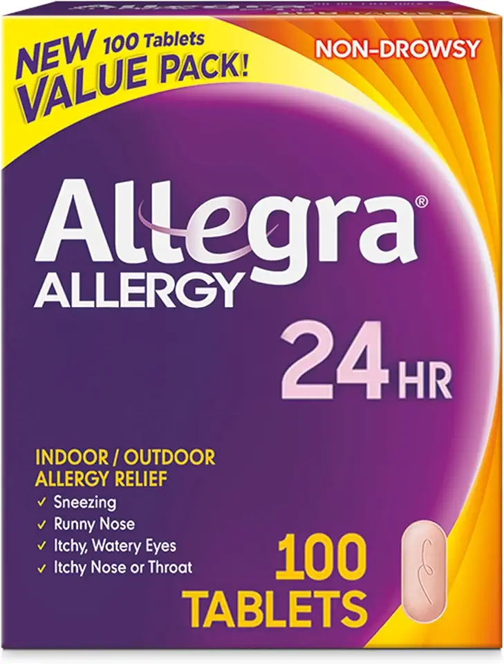 Allegra Adult 24-Hour Allergy Relief Tablets, Non-Drowsy Indoor and Outdoor Allergy Medicine, 180 mg Fexofenadine HCI Antihistamine Pill, 100-Count