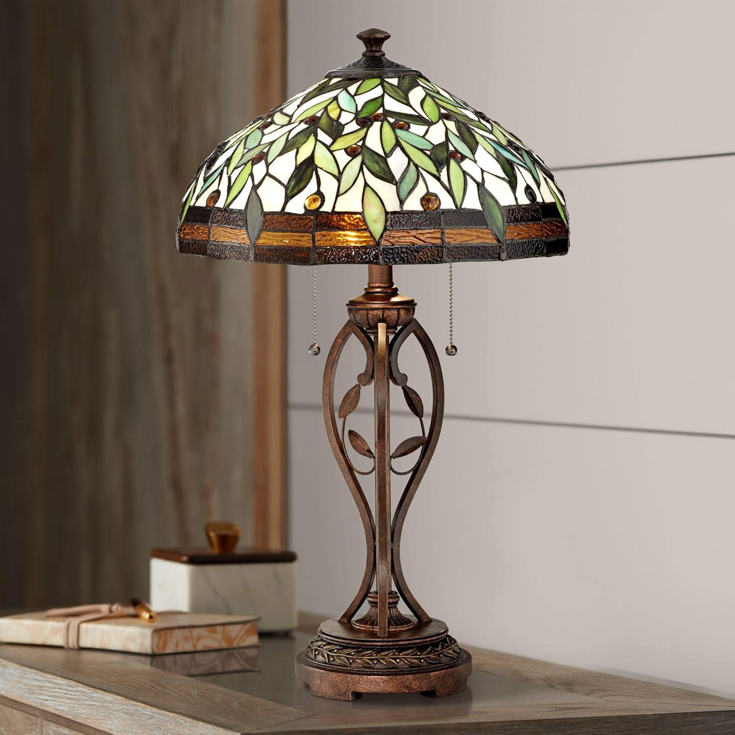 Robert Louis Tiffany Traditional Tiffany Style Table Lamp 26" High Blossoming Bronze Brown Leaf and Vine Antique Glass Shade Decor for Living Room