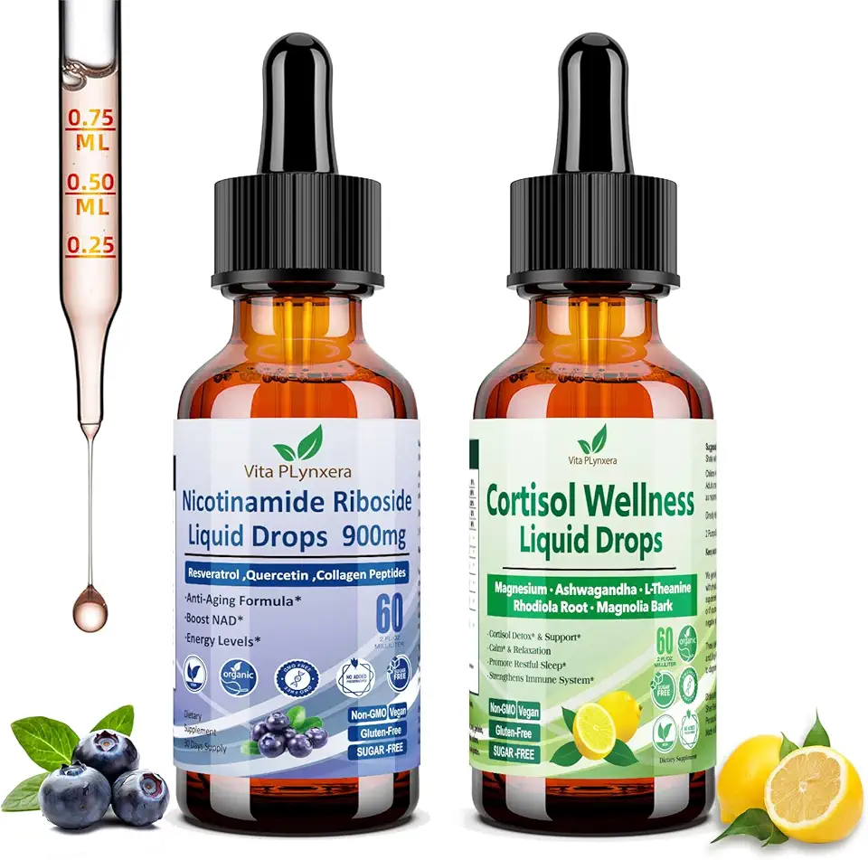 2 Pack Cortisol Wellness Liquid Drops + NAD Nicotinamide Riboside 900 mg, Non GMO, Vegan, Sugar Free - Kansas Nuitrition - HNZSDS