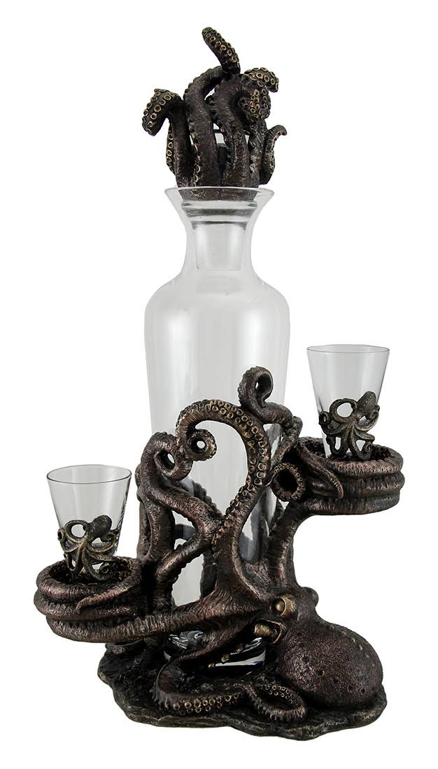 Veronese Octopus Spirit Decorative Antique Bronze Finish Statue and Glass Decanter Set