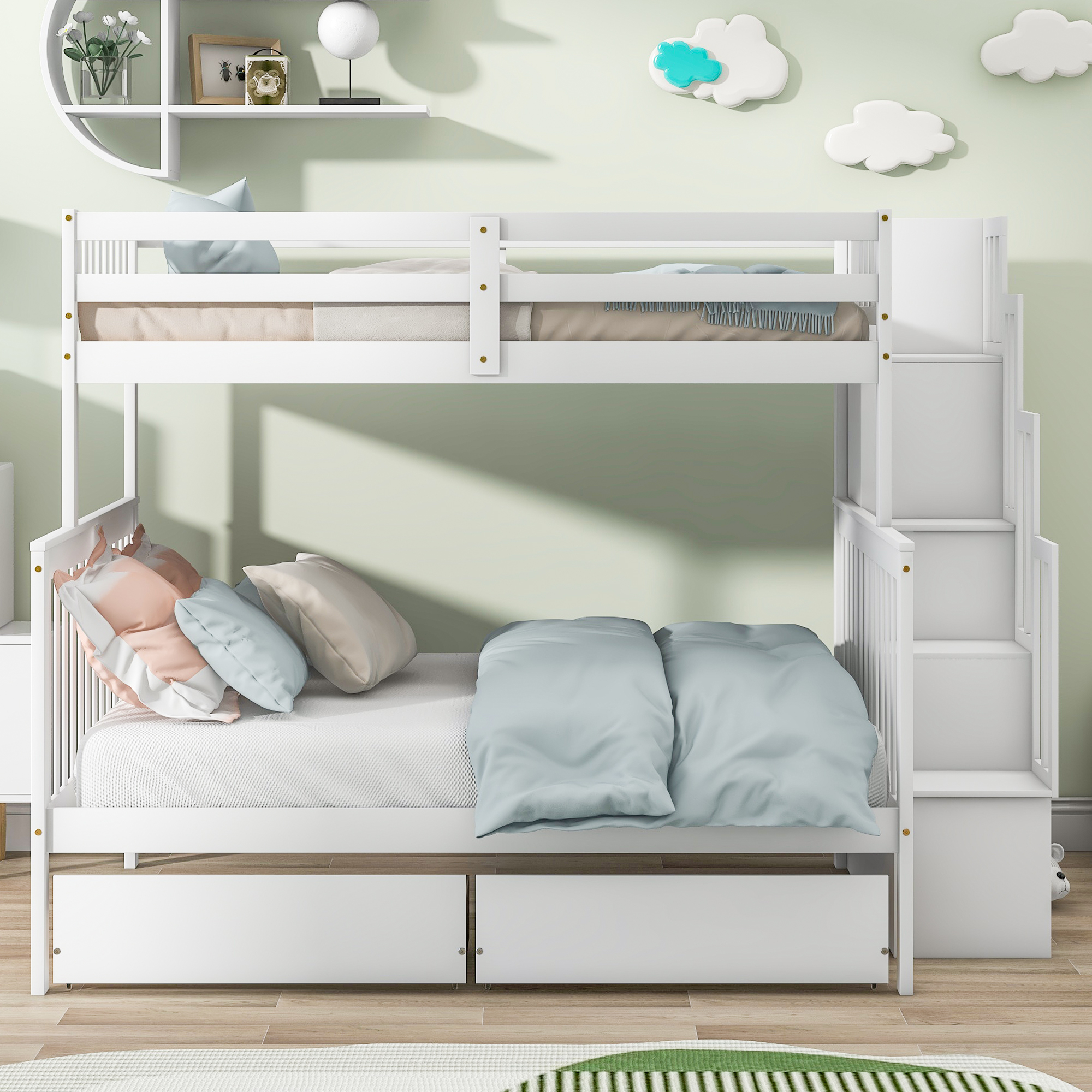 Twin Bunk Bed with 2 Drawers and Stairs, Converts to 2 Beds, Bunk Bed with Stairs and Safety Grabs, Fits Kids, Teens, Adults, White