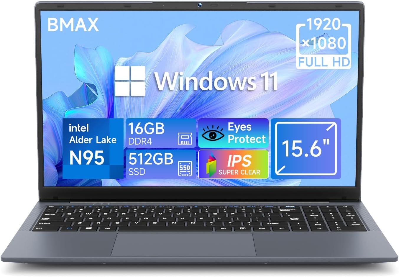 Bmax Laptop 15.6", 16GB DDR4 RAM 512GB SSD, Intel Celeron N95 Quad Core Processor (up to 3.4GHz), Windows 11 Pro 2K FHD IPS Display