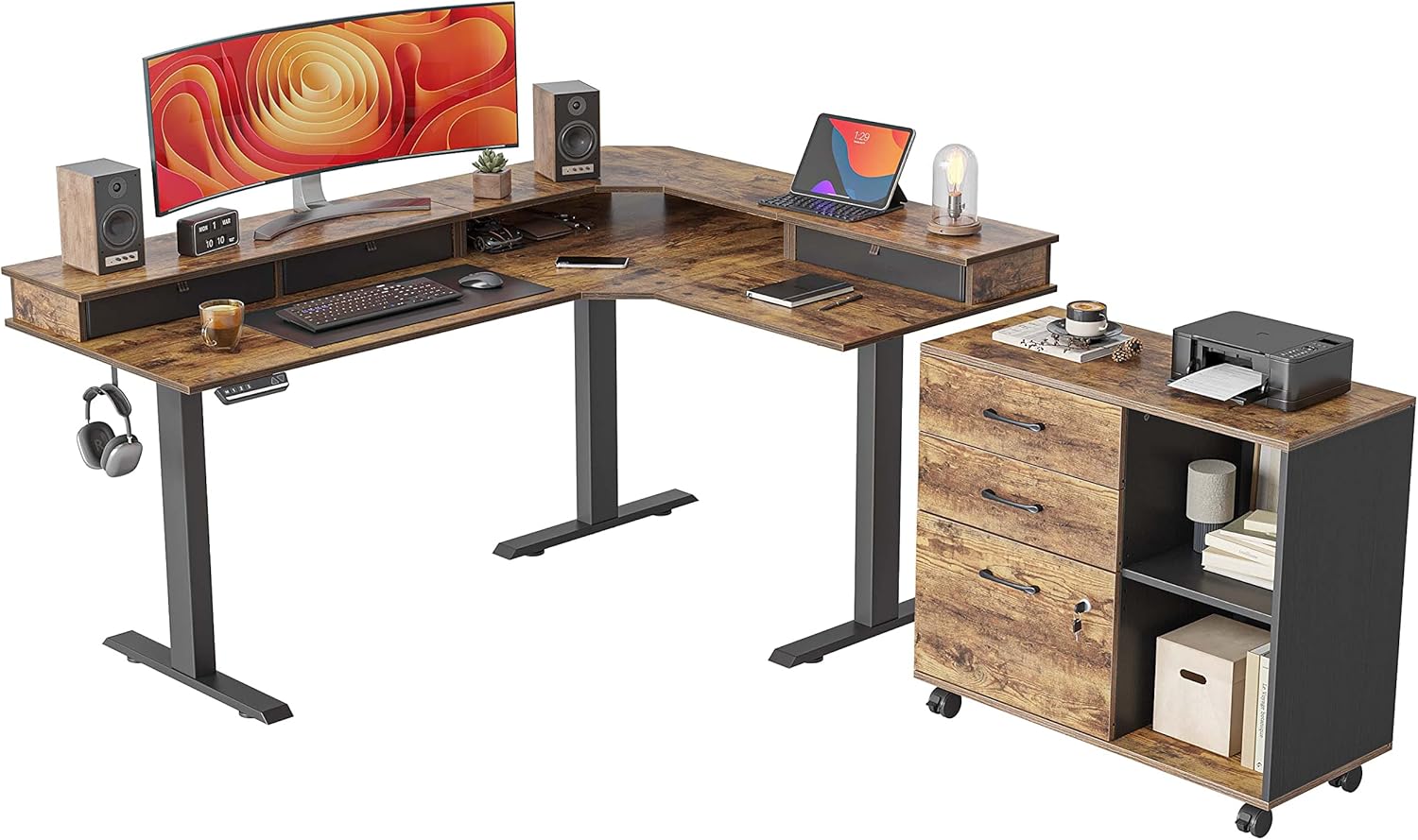 FEZIBO Triple Motor L-Shaped Electric Standing Desk with 3 Drawers, Stand up Desk, Height Adjustable Desk with 3 Drawer Lateral File Cabinet