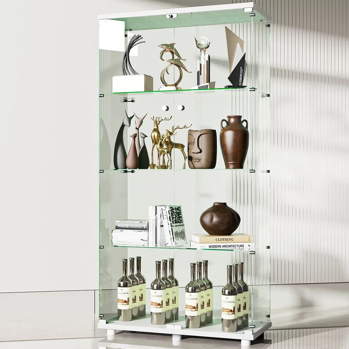 Two-door Glass Display Cabinet, Fast Installation in 50 Mins, Glass Curio Cabinets Bookshelf Display Case for Living Room Bedroom Kitchen