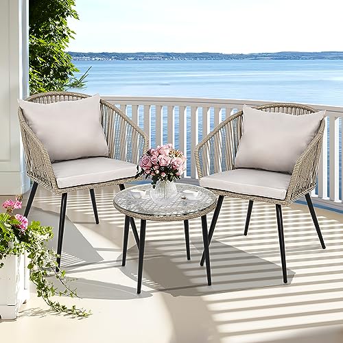 YITAHOME 3-Piece Wicker Small Patio Balcony Chair Set, Outdoor Rattan Conversation Apartment Chairs for Backyard