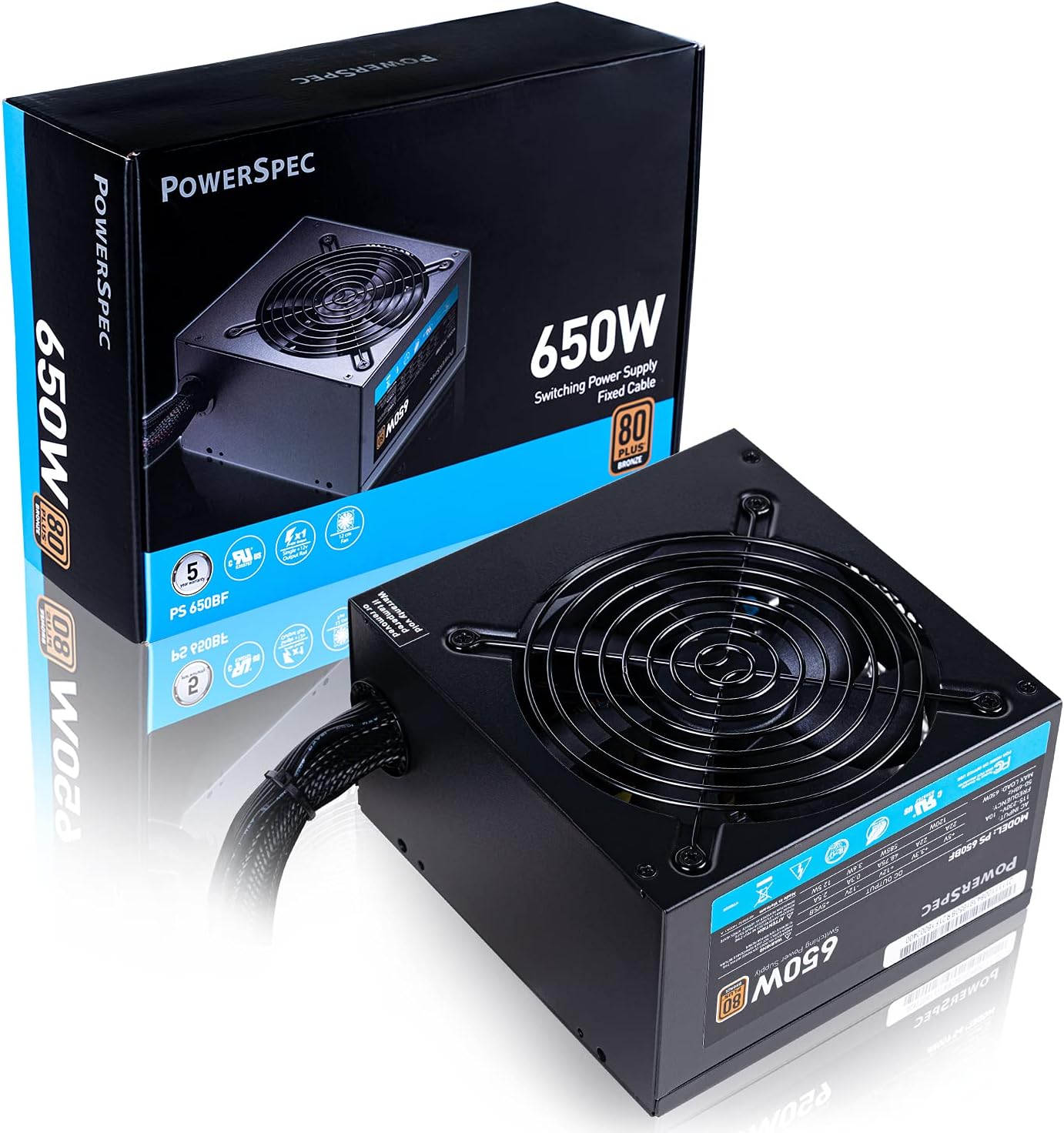 PowerSpec 650W Power Supply 80 Plus Bronze Certified Fixed Cable Non-Modular ATX PSU Active PFC SLI Crossfire Ready Gaming PC Computer Switching