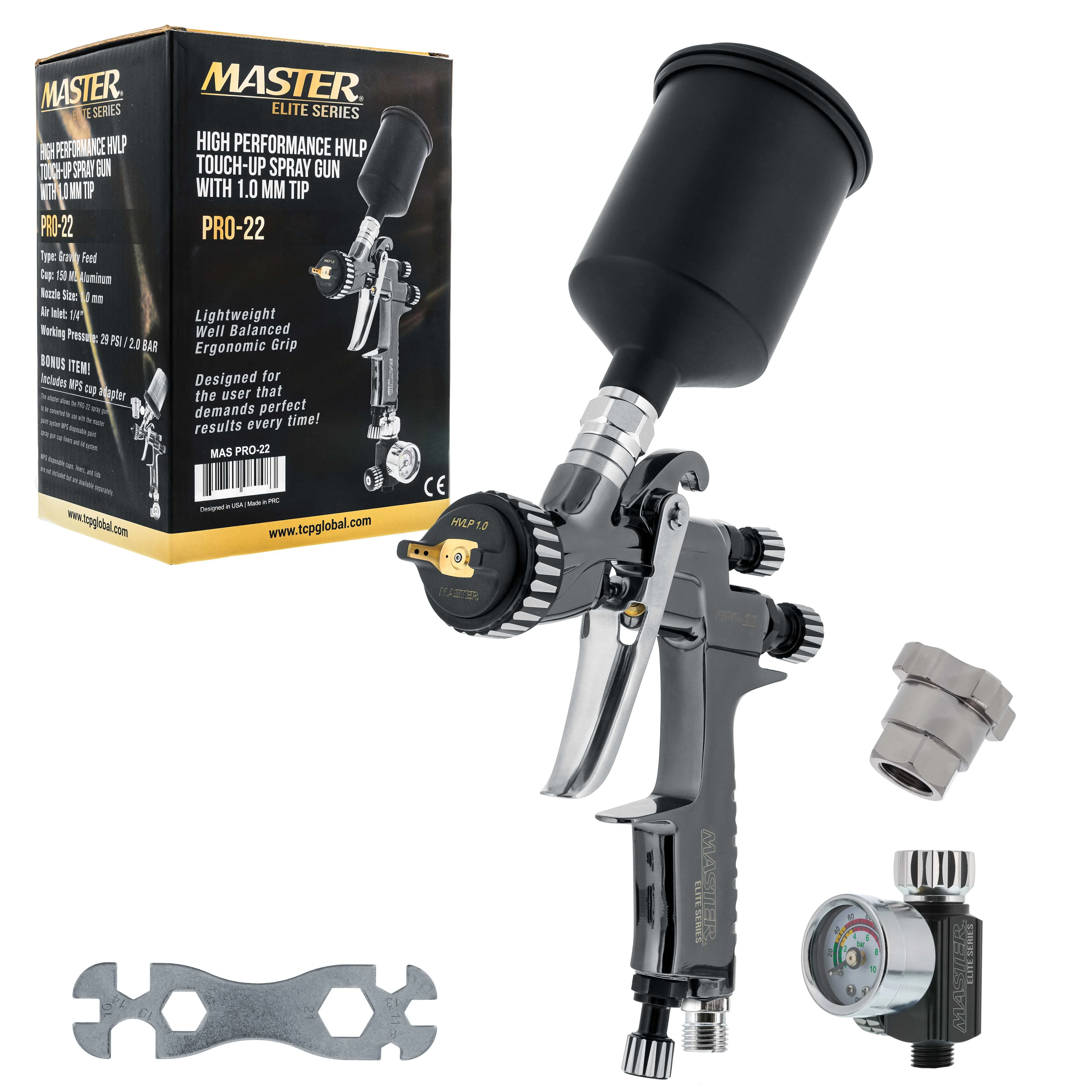 Master Elite High-Performance PRO-22 Series HVLP Touch Up Spray Gun with 1.0mm Tip and Air Pressure Regulator Gauge - Detail Paint Sprayer