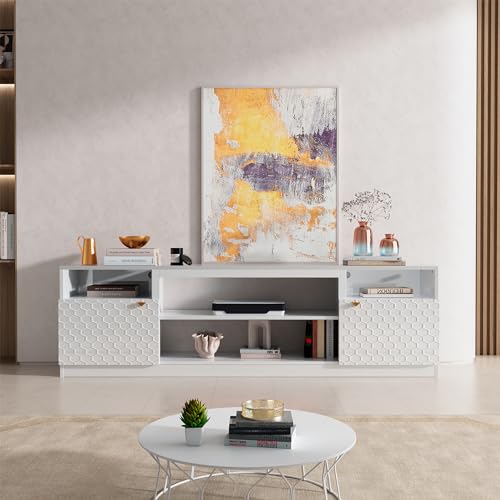 Modern Luxury TV Stand for TVs up to 80",High Gloss Finish Media Console with Two Doors and Storage Cabinets