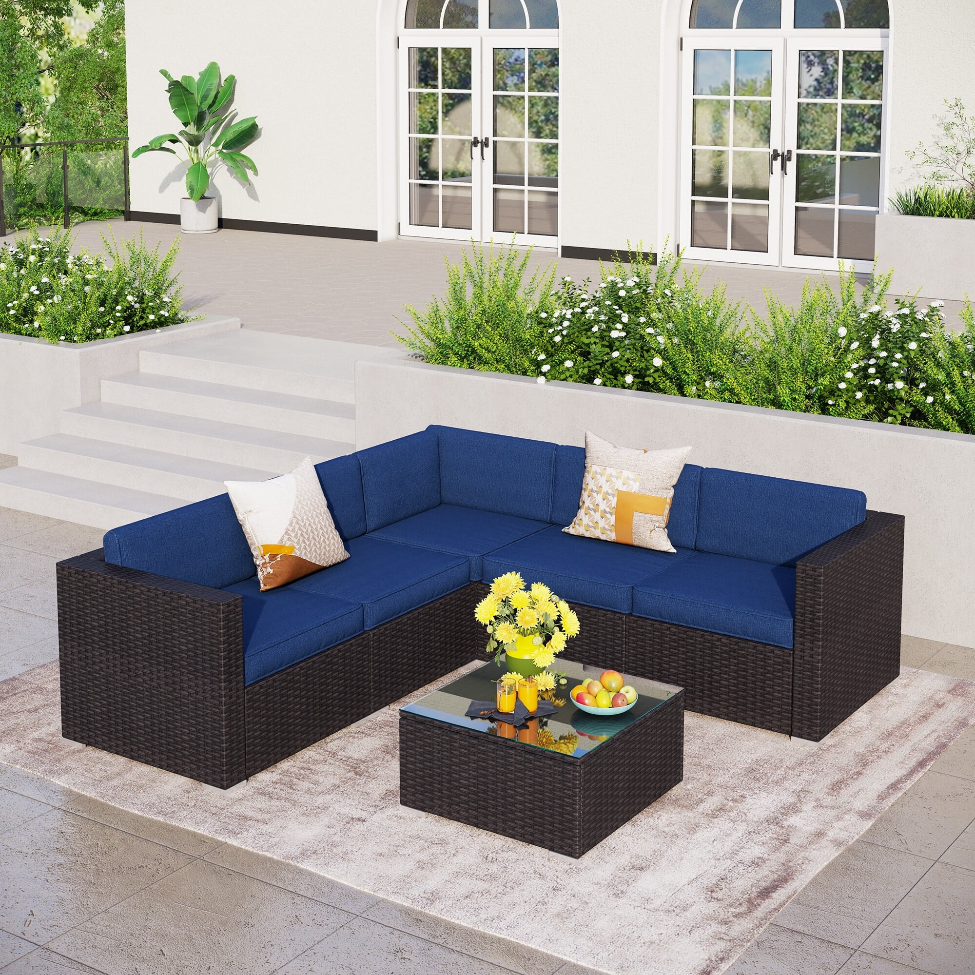 PHI VILLA 6-Piece Outdoor Sectional Sofa Rattan Patio Furniture Set Conversation Set with Tea Table, Beige