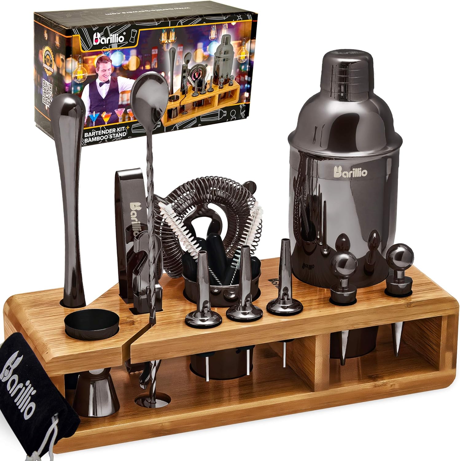 Black 23-Piece Bartender Kit Cocktail Shaker Set by BARILLIO: Stainless Steel Bar Tools With Sleek Bamboo Stand
