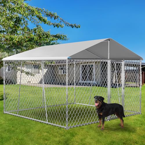 Upgraded 10×10×7FT Outdoor Dog Kennel with Roof, Large Dog House Pen Enclosure with Sidebar