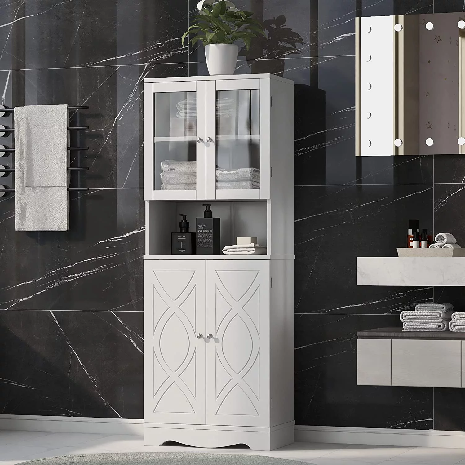 WANHUI, White Bathroom Storage Cabinet with Glass Doors, Open Bookcase, Pantry Cupboard, Adjustable Shelves
