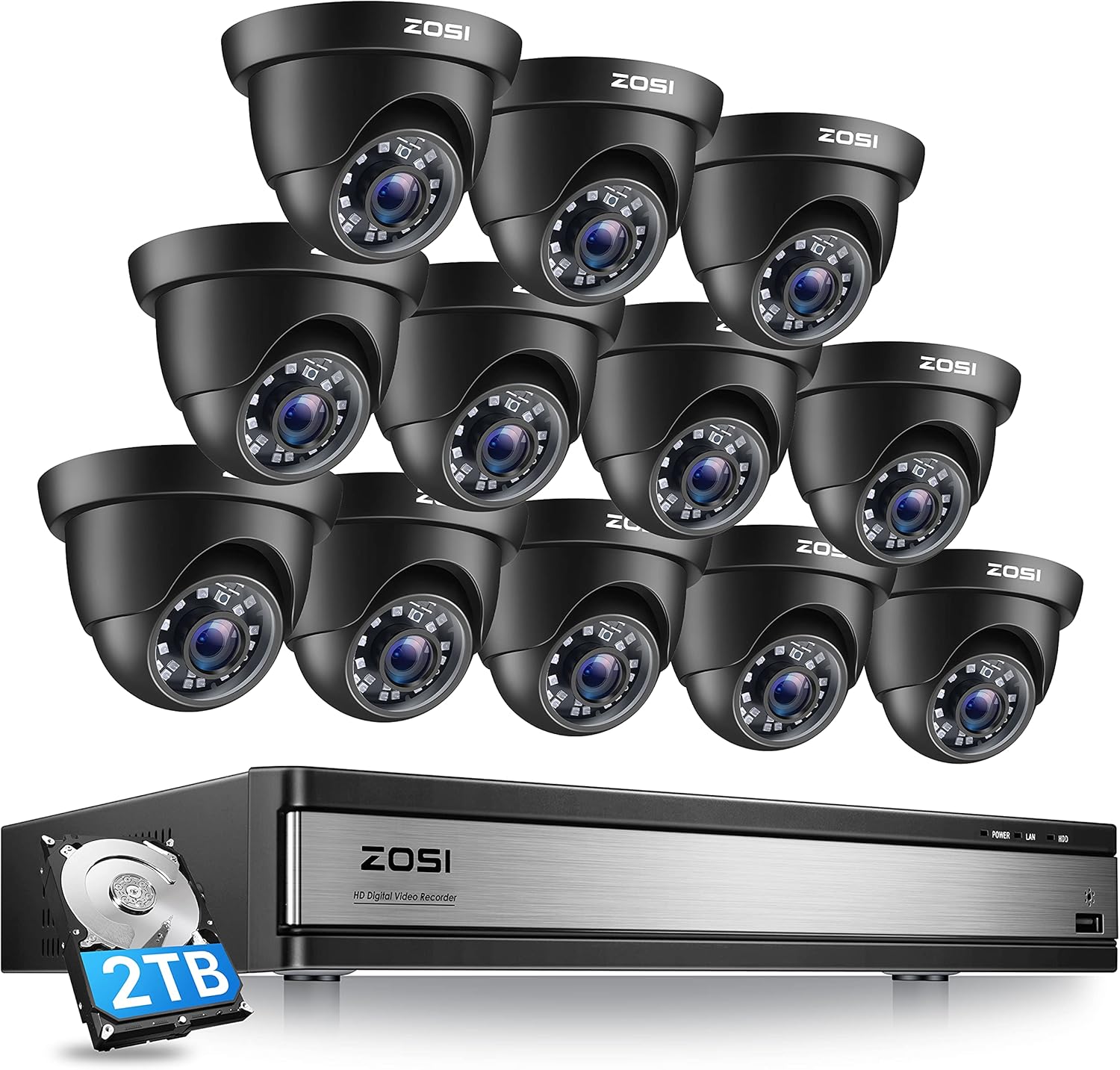 ZOSI 16 Channel Security Camera System 1080p, 1080N H.265+ Hybrid 16 Channel DVR with Hard Drive 2TB and 12 x 1080p CCTV Dome Camera Outdoor Indoor