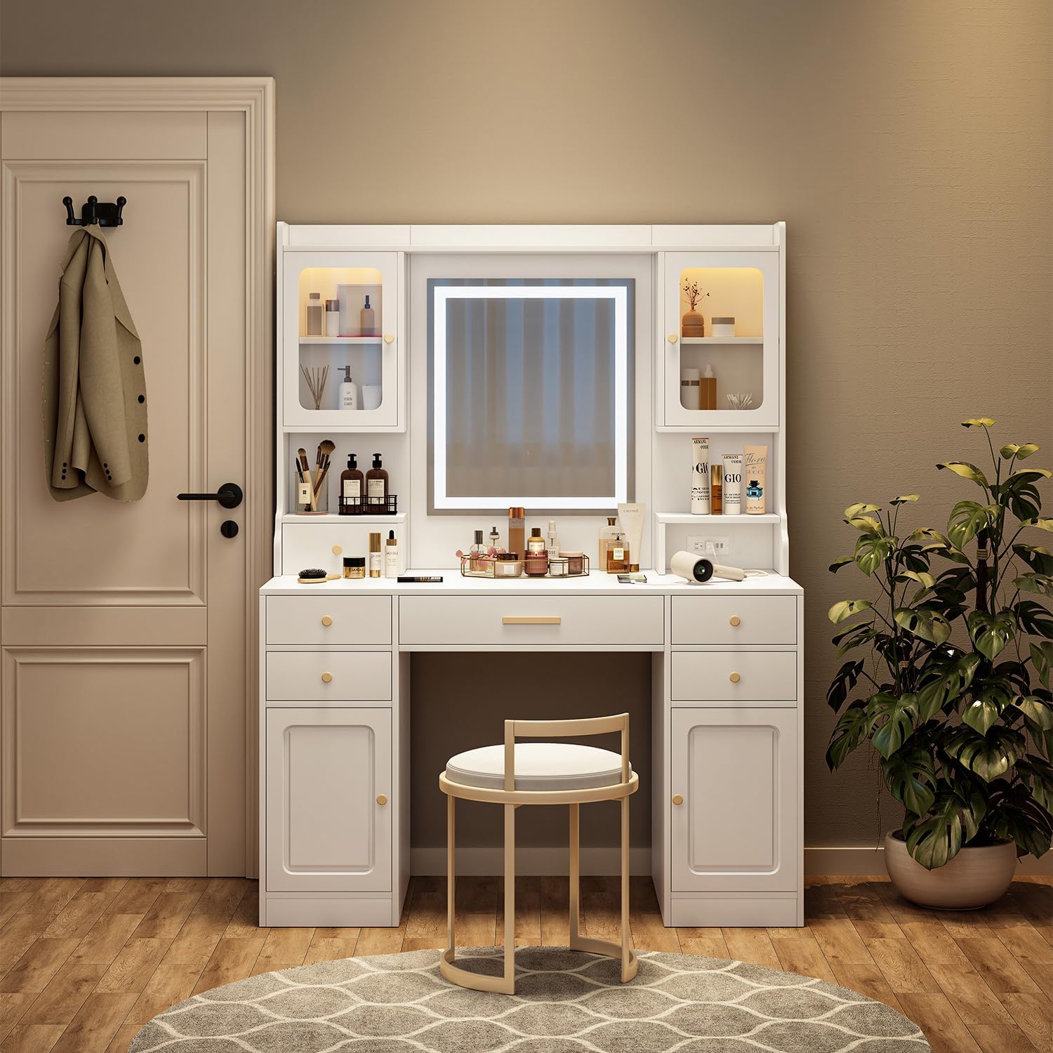 Vanity Desk with LED Lighted Mirror, Makeup Vanity with 11Drawers, 3 Color Lighting Modes Brightness Adjustable, Hidden Wiring