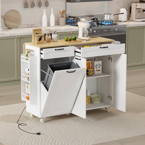 Rolling Kitchen Island with Power Outlet & Drop Leaf, Kitchen Island Cart with Trash Storage Cabinet