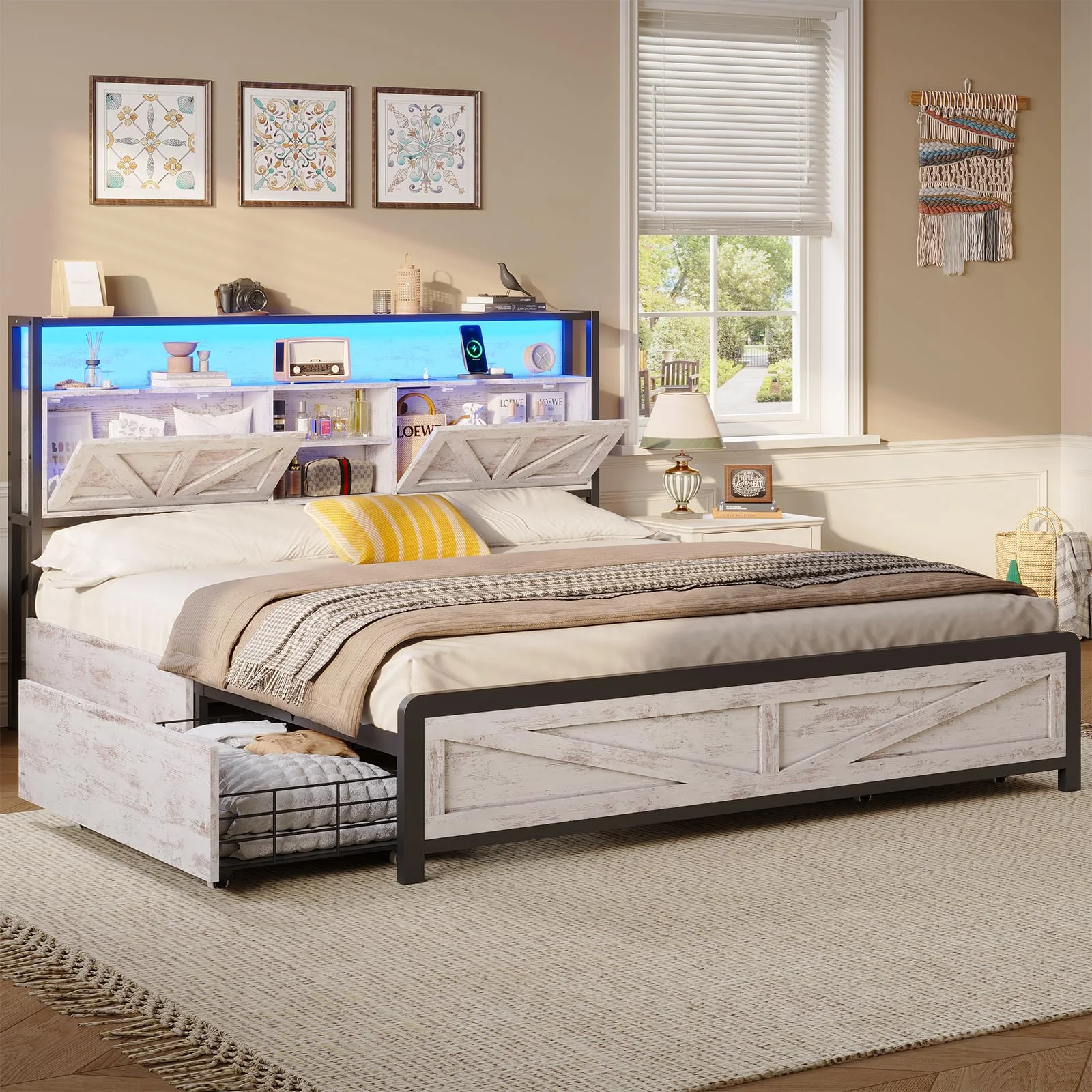 Full Size Bed Frame with Storage Headboard & 4 Drawers, Headboard with Hidden Storage, Farmhouse LED Bed Frame with USB-C/A Charging Station