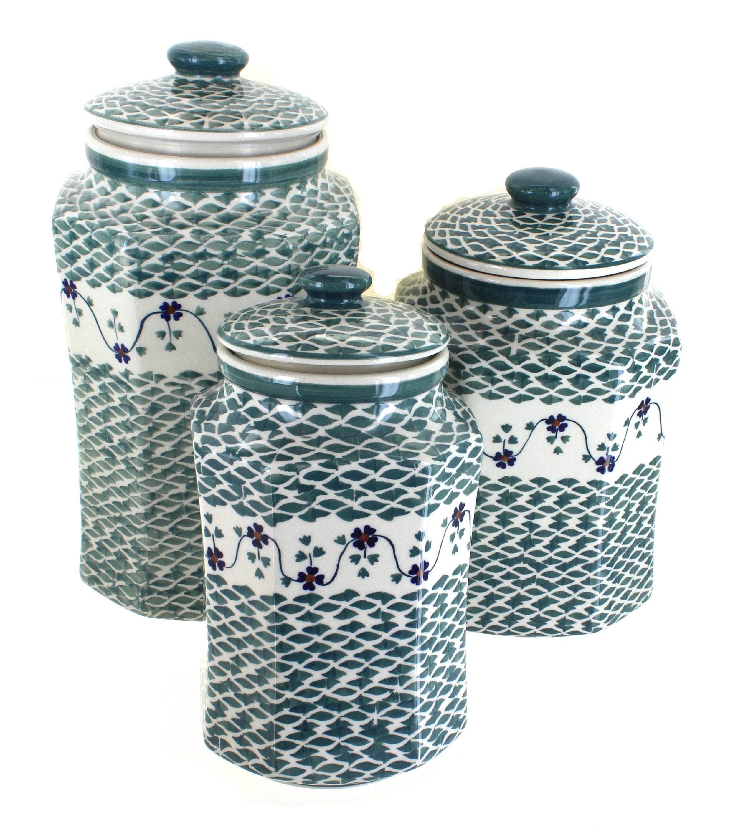 Polish Pottery Sage Floral 3 PC Canister Set with Seals