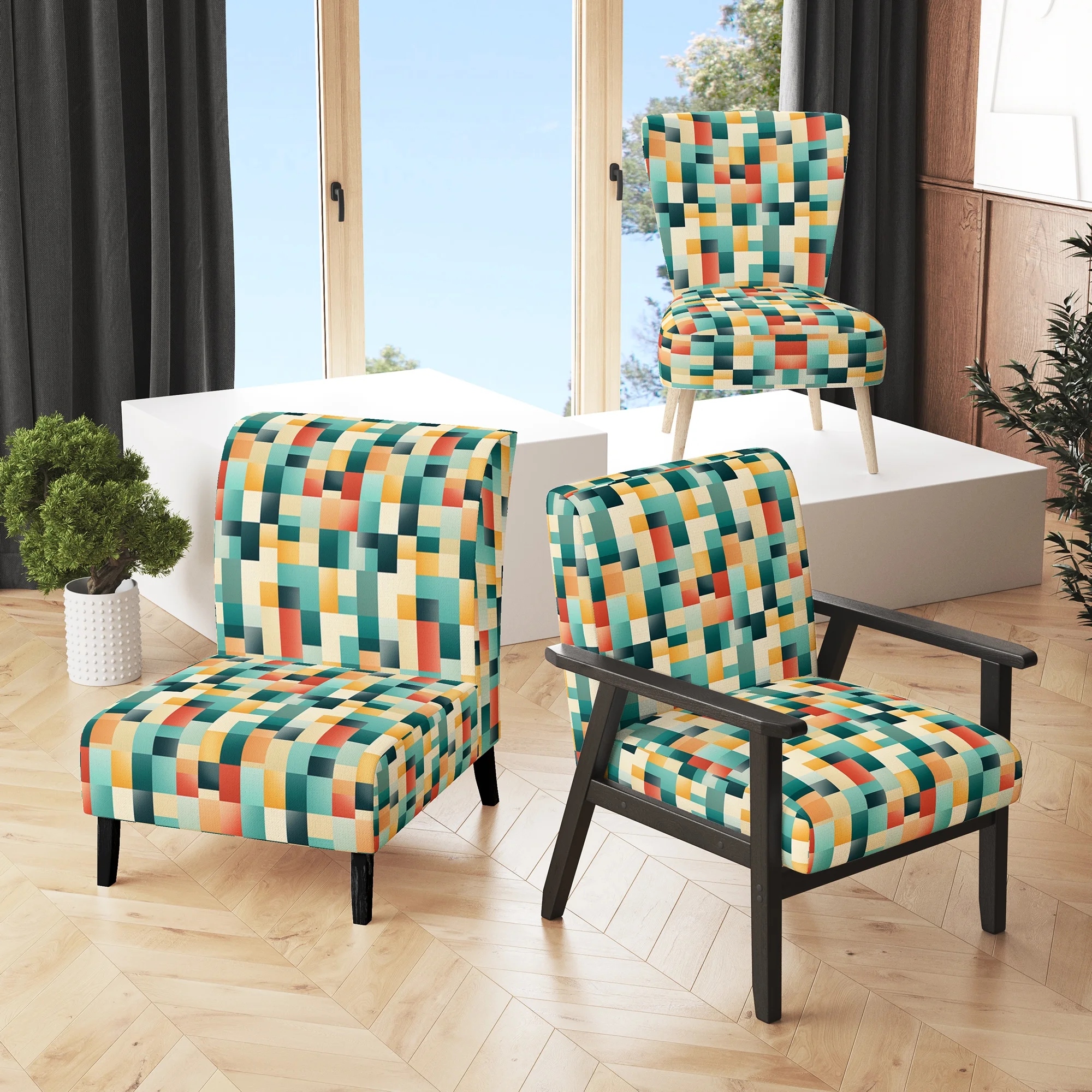 Designart "Orange And Green Popart Pop Culture Pixels I" Upholstered Striped Accent Chair and Modern & Contemporary Arm Chair