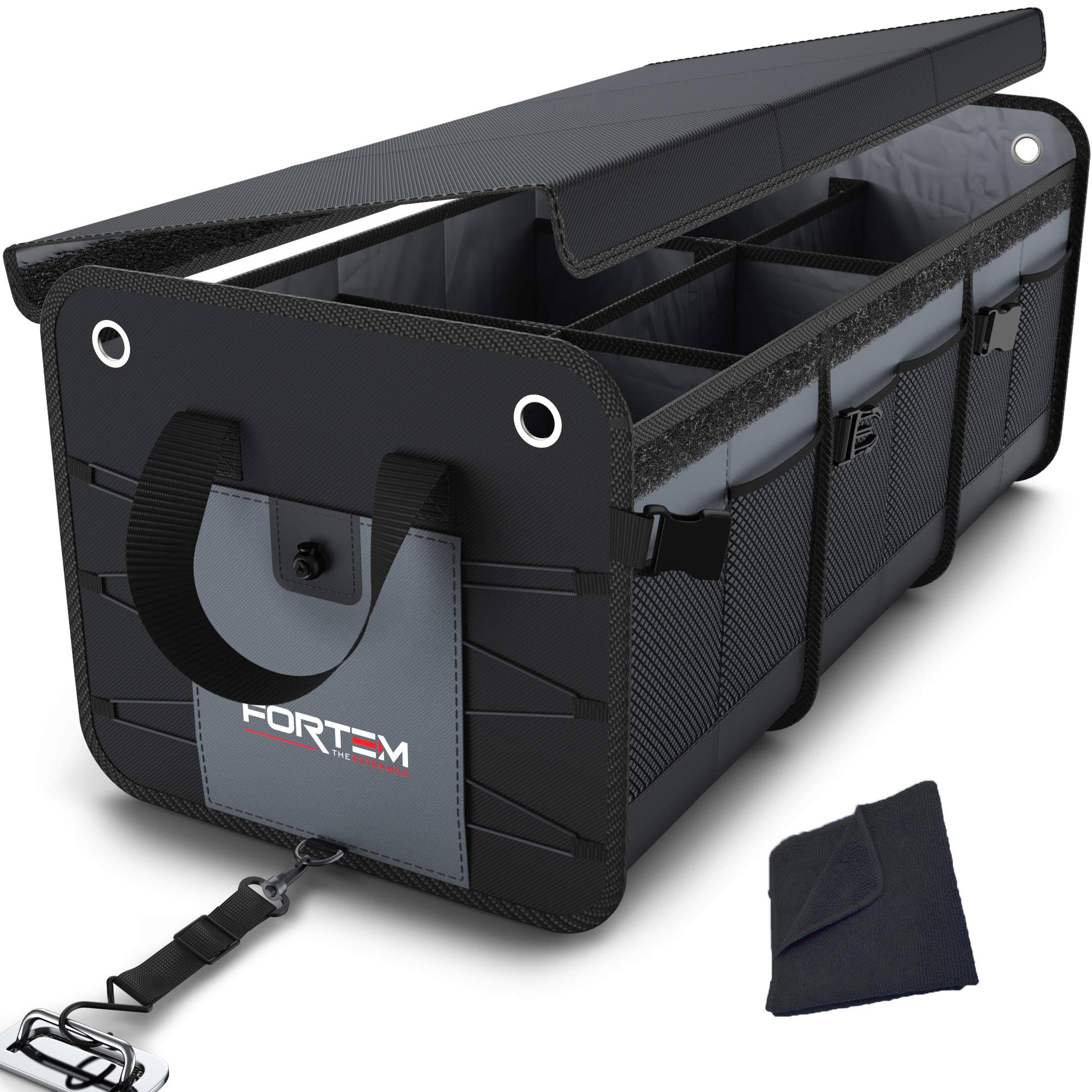 Fortem Car Trunk Organizer, Foldable Cover, Non-Slip Waterproof Bottom, Straps, Cargo Storage (3 Compartments, Grey)