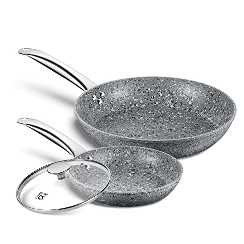 KOCH SYSTEME CS 8"+11" Premium Nonstick granite stone Frying Pan Sets, Gray Nonstick Frying Pan Sets with Lids, Aluminum Pan for Effortless Cooking