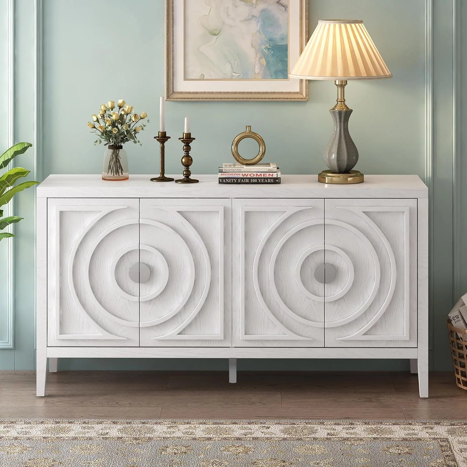 Farmhouse Sideboard Buffet Cabinet With 4 Doors Solid Wood Kitchen Sideboard Cabinet With Metal Handles For Living Room Entrance Rustic Sideboard
