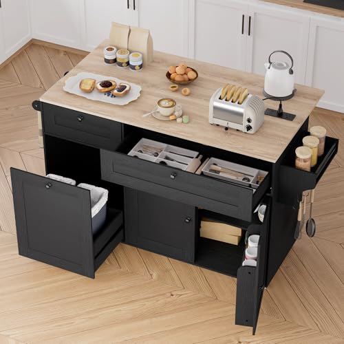 Rolling Kitchen Island on Wheels, Kitchen Islands Cart with Trash Can Storage Cabinet, Portable Island Table with Power Outlet, Drop Leaf, Spice Rack