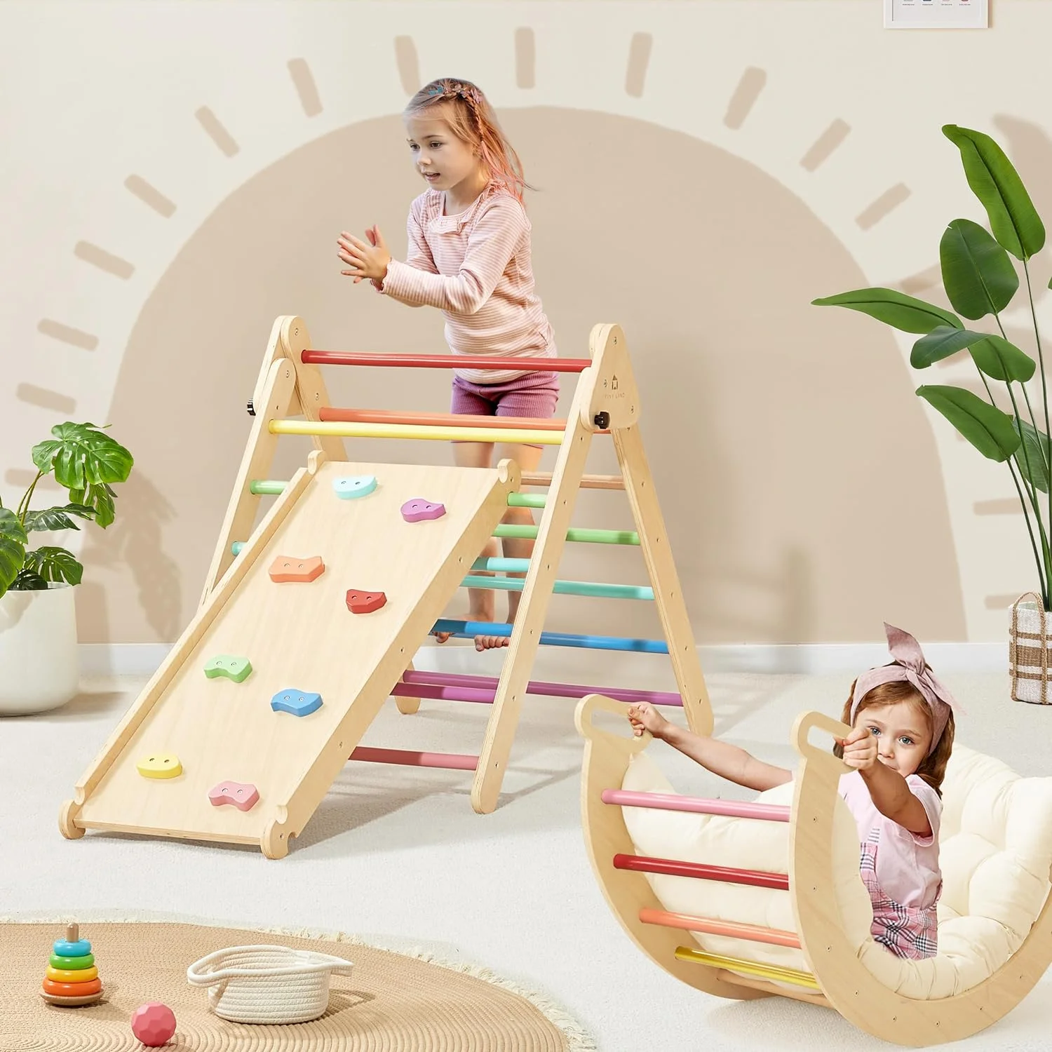 YUMIAO 5-in-1 Rainbow Pikler Triangle Set, Baby Climbing Toys Indoor Playground, Foldable Toddler Climbing Toys