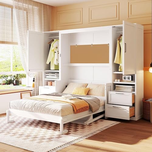 MERITLINE Full Murphy Bed with Desk and Storage 2 Closet,Drawers&Shelves, Wood Folding Murphy Wall Bed Cabinet for Adults (Full,White with Drawers)