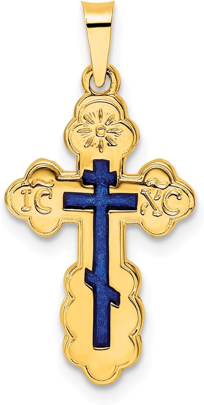 Jewelry Affairs 14K Yellow Gold Polished Eastern Orthodox Blue Enamel Solid Cross Pendant