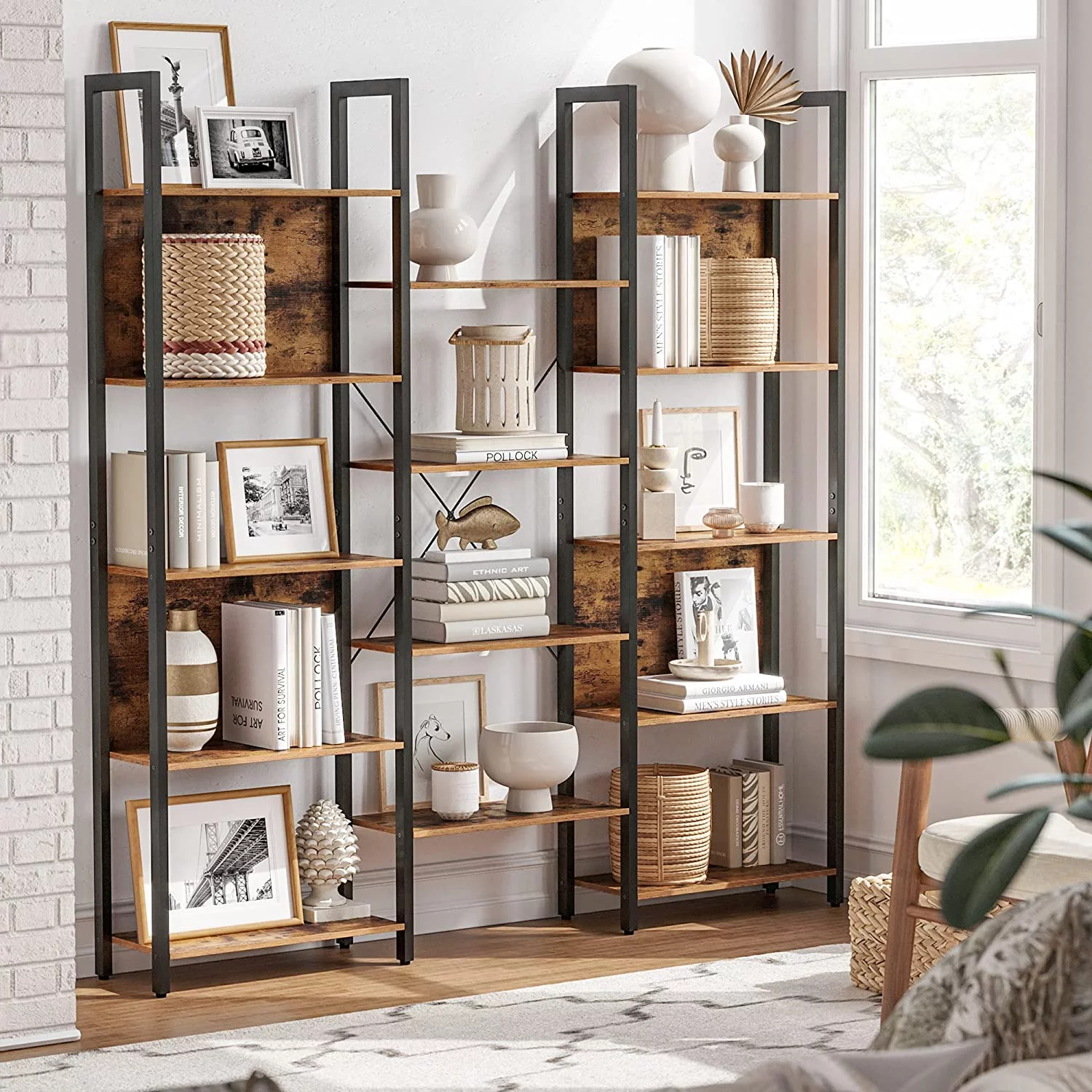 VASAGLE 5 Tier Large Bookcases and Bookshelves Triple Wide Bookshelf with 14 Storage Shelves Living Room Study Office Industrial Style Rustic Brown