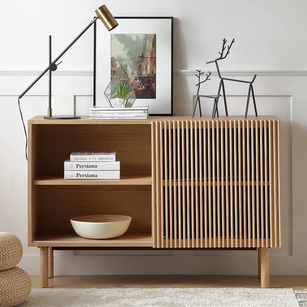 Mid-Century Sideboard Wood Buffet Cabinet with Sliding Doors, Narrow Side Cabinet Boho Storage Cabinet for Living Room, Bedroom, Hallway