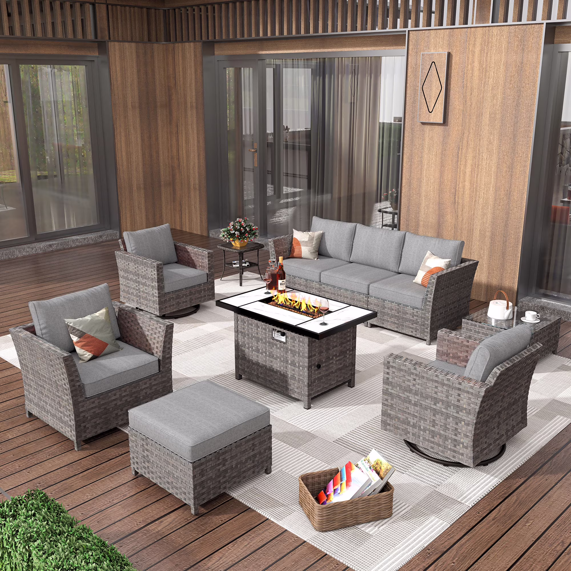 HOOOWOOO Wicker Sectional Patio Set 10 Pieces Outdoor Conversation furniture Set with Sofa Chairs Ottoman Gas Fire Pit Swivel Rocking Chairs,Grey