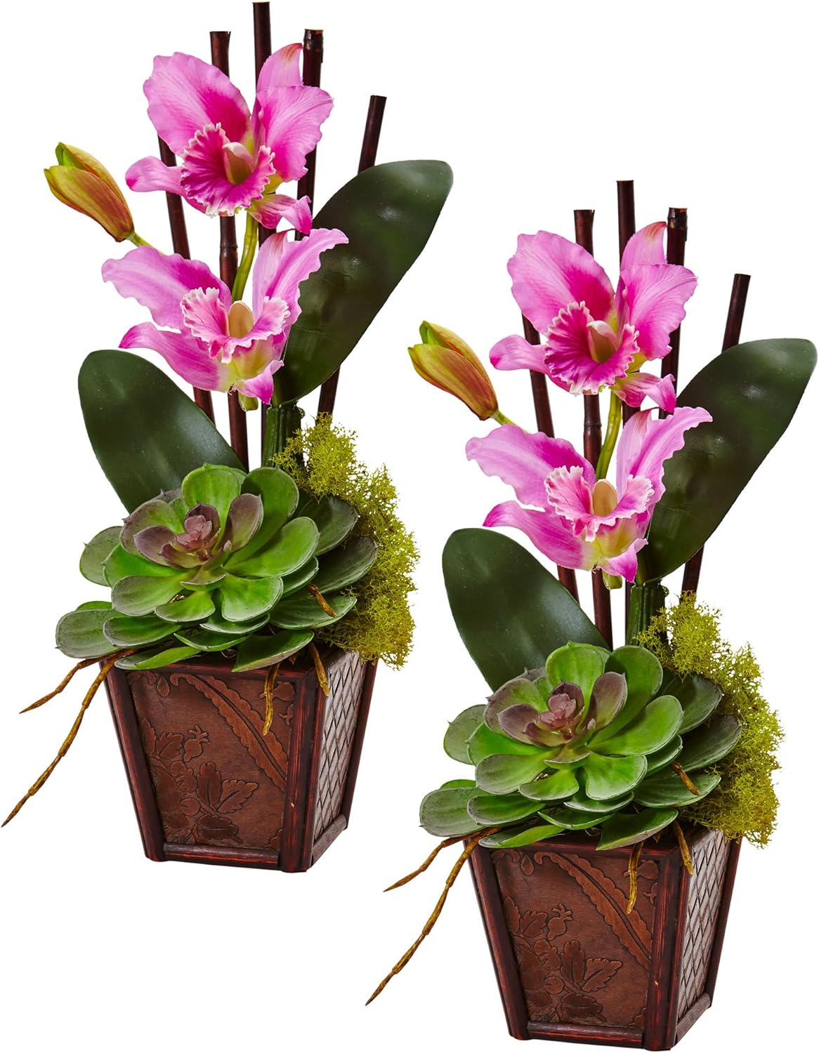 Nearly Natural 1445-S2-WH Cattleya Orchid & Succulent Arrangement (Set of 2)