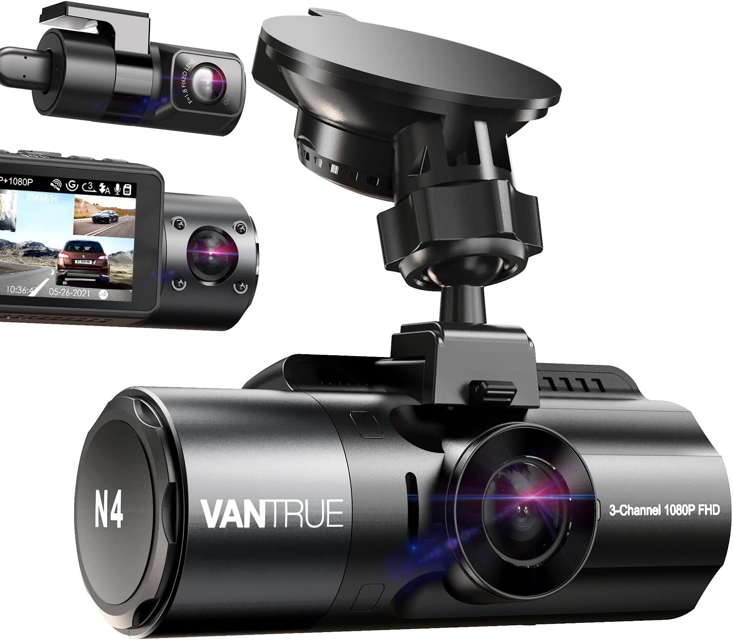 Vantrue N4 3 Channel 4K Dash Cam, 4K+1080P Front and Rear, 4K+1080P Front and Inside, 1440P+1080P+1080P Three Way Triple Car Camera, IR Night Vision