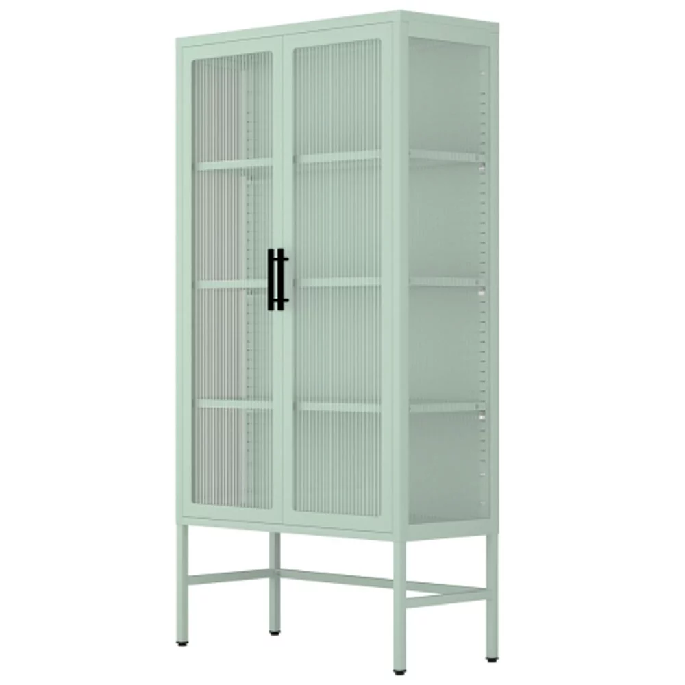 Double Glass Door Storage Cabinet with Adjustable Shelves and Feet Cold-Rolled Steel Sideboard Furniture, Mint green - Radiant Selections