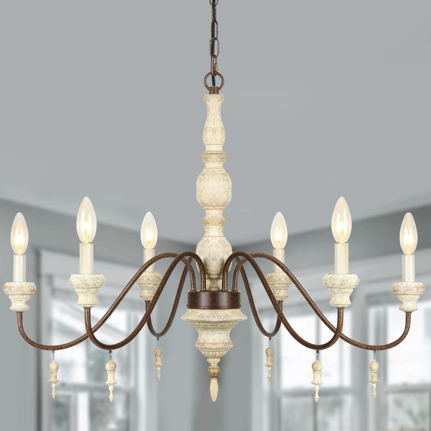 Oldiron 6-Light French Country Candle-Style Chandelier, Distressed White Imitation Wood Metal Chandelier