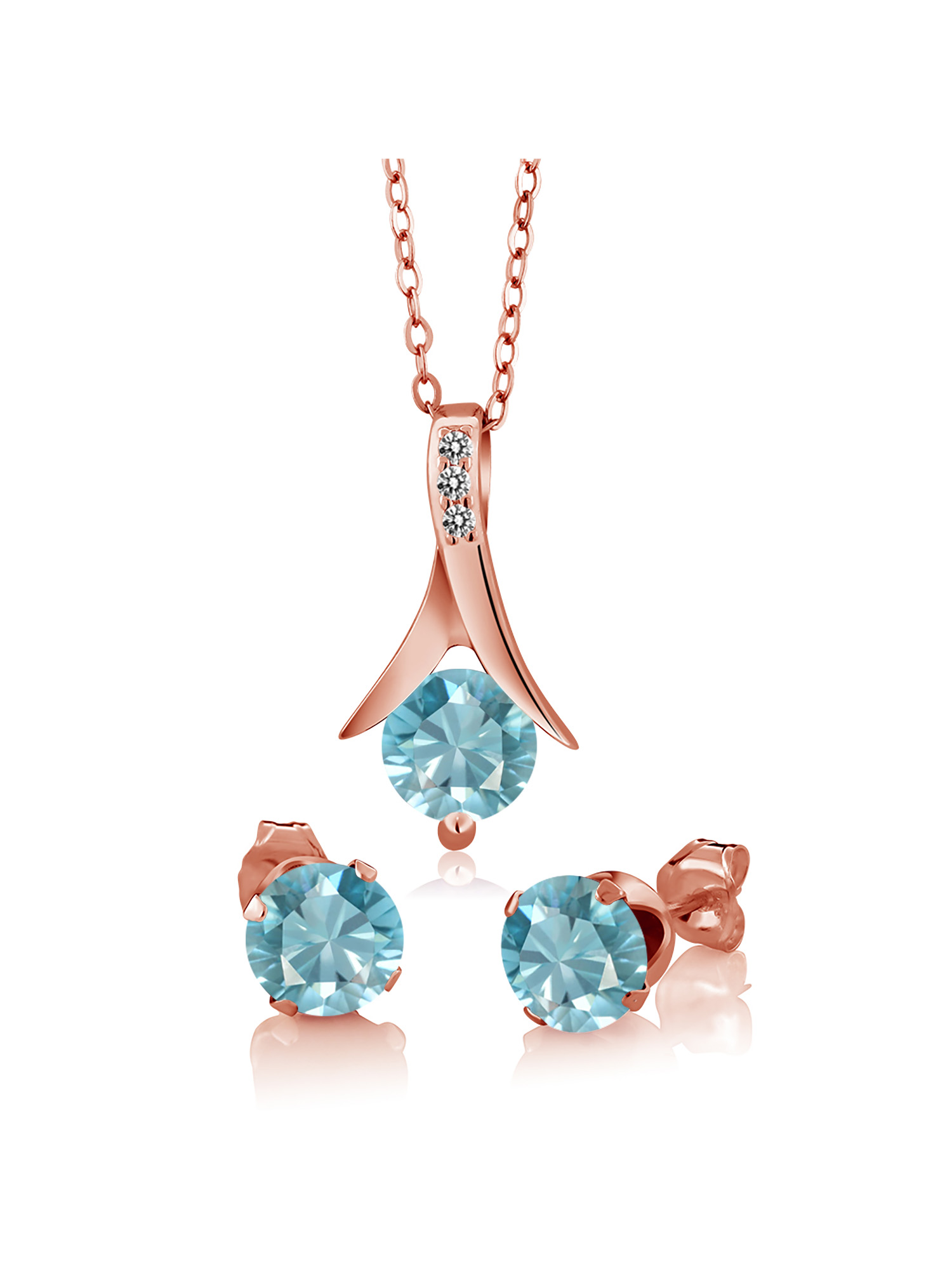Gem Stone King 18K Rose Gold Plated Silver Blue Zircon and White Diamond Pendant and Earrings Jewelry Set For Women (3.65 Cttw, with 18 inch Chain)