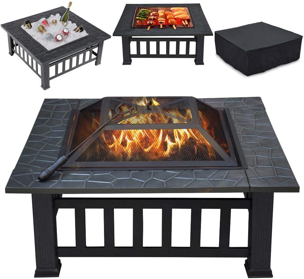 Yaheetech Multifunctional Fire Pit Table 32in Square Metal Firepit Stove Backyard Patio Garden Fireplace for Camping, Outdoor Heating