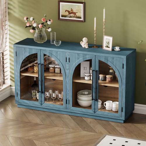 Large Sideboard Cabinet Retro Buffet Cabinet with 4 Glass Doors and Arched Design, Kitchen Cupboard Storage Cabinet for Dining Room Living Room, Black
