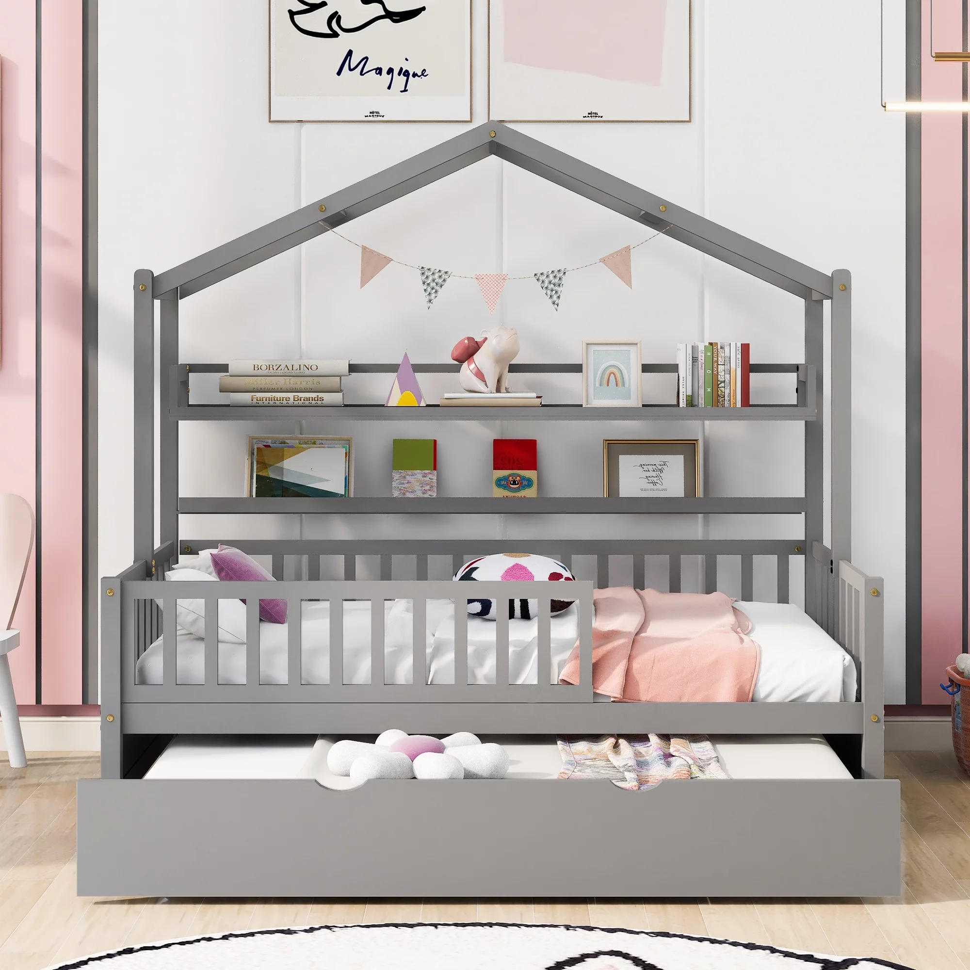 Euroco Wood Twin Size House Bed with Bookcase and Trundle for Kids, Gray