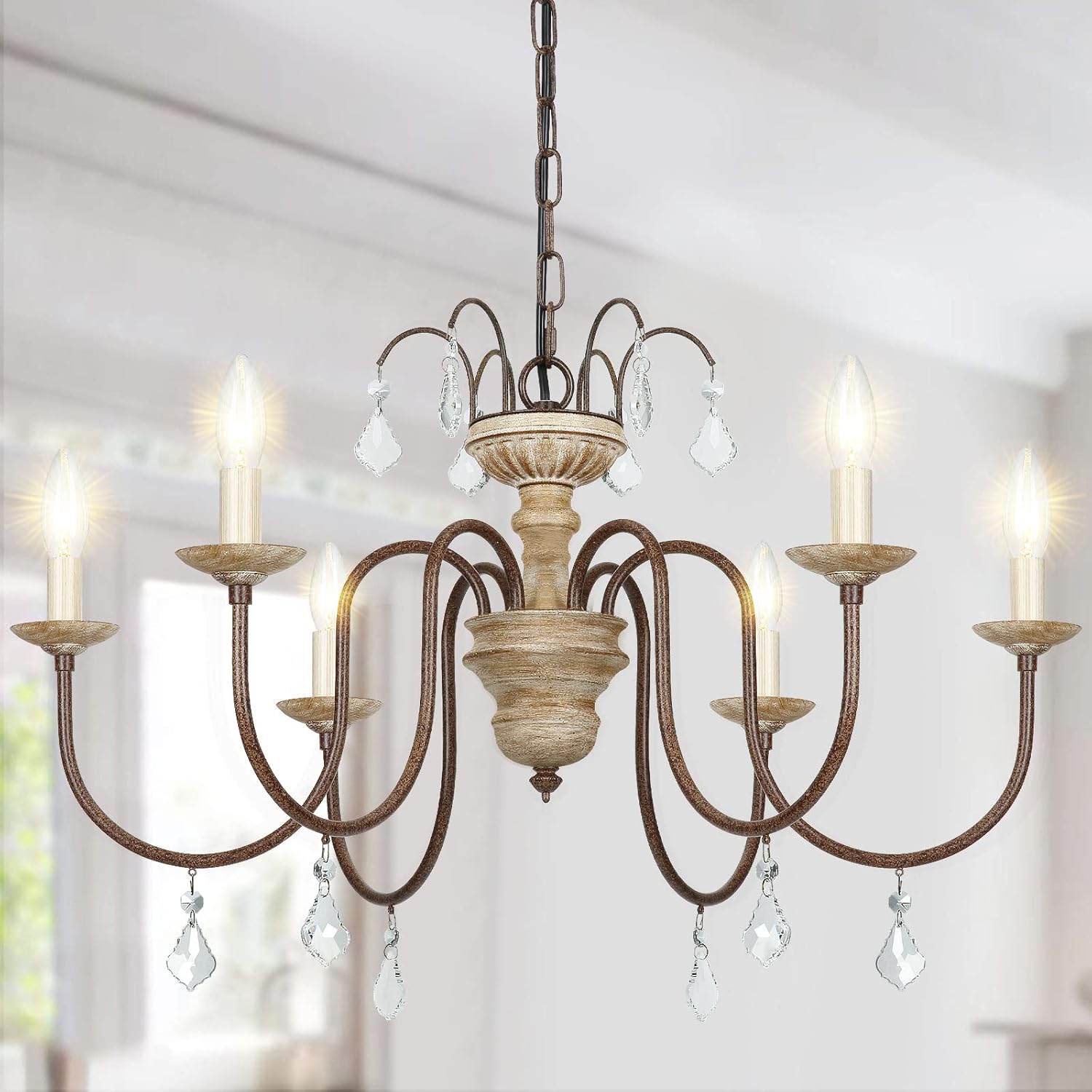 Oldiron 6 Light French Country Chandeliers, Rustic White Distressed Wood Rust Metal Candle Chandelier with Arc Arms and Crystal Pendant (28)