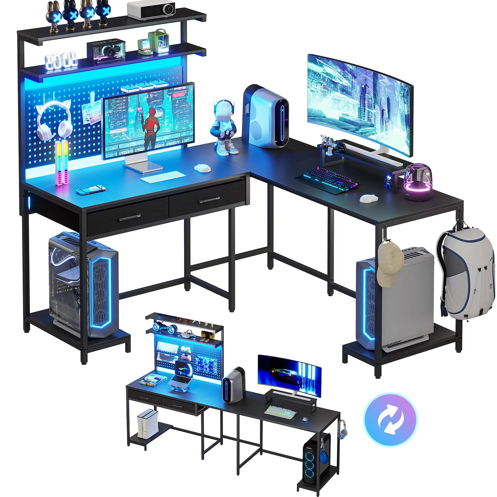 L Shaped Gaming Desk with LED Lights and Hutch,89.7" Home Office Computer Desk with 2 Drawers&Monitor Stand&Pegboard&Storage Shelves,Black