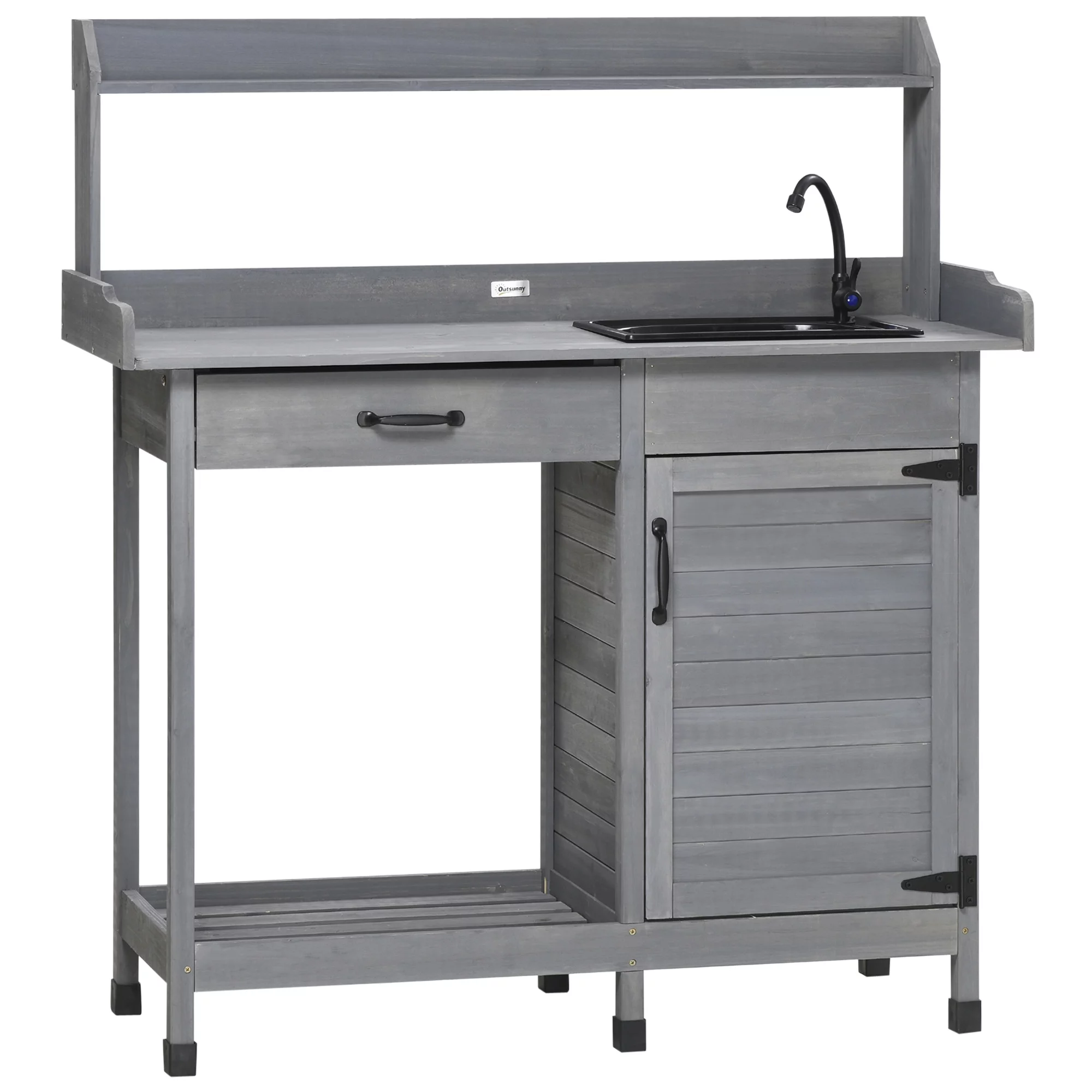 Outsunny Potting Bench Prep Table with Faucet, Sink, and Storage Cabinet