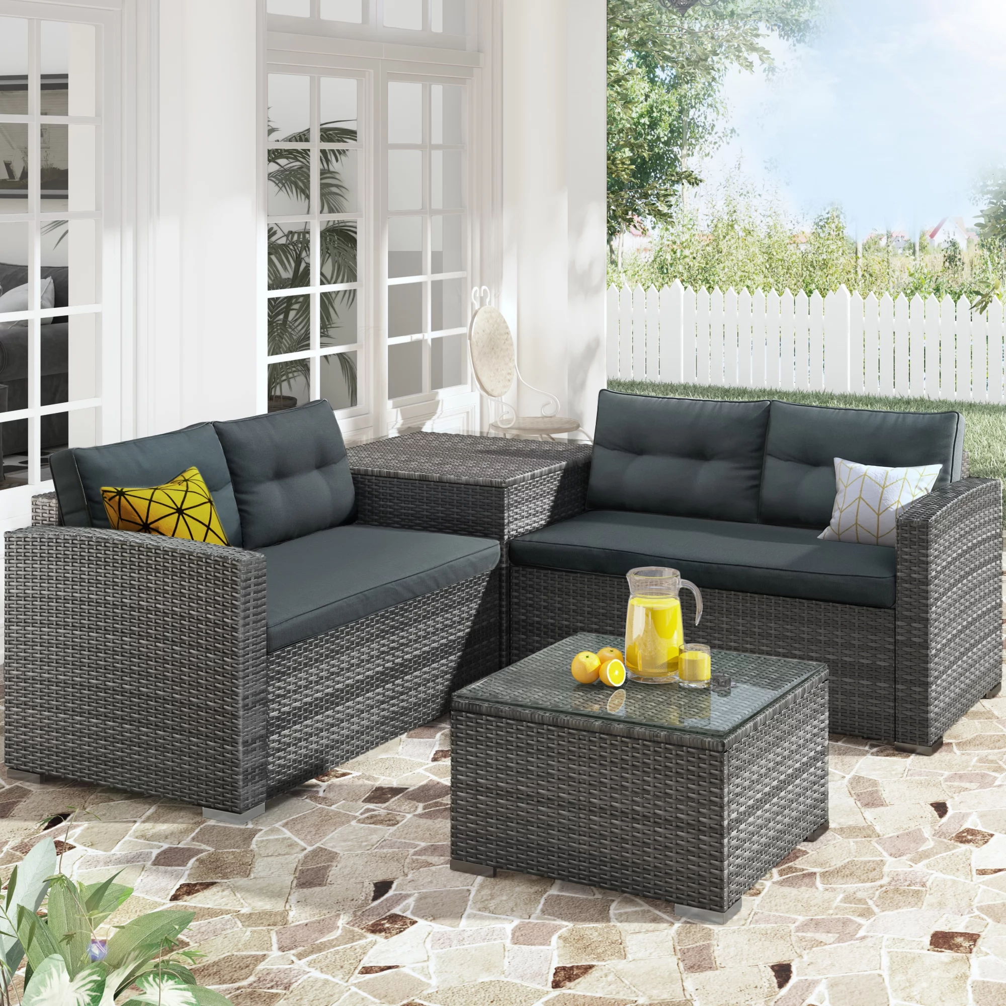4 Pieces Patio Furniture Set Patio Wicker Sofa Rattan Set Outdoor Sectional Sofa Couch Patio Furniture Conversation Set and Love Seat with Cushions