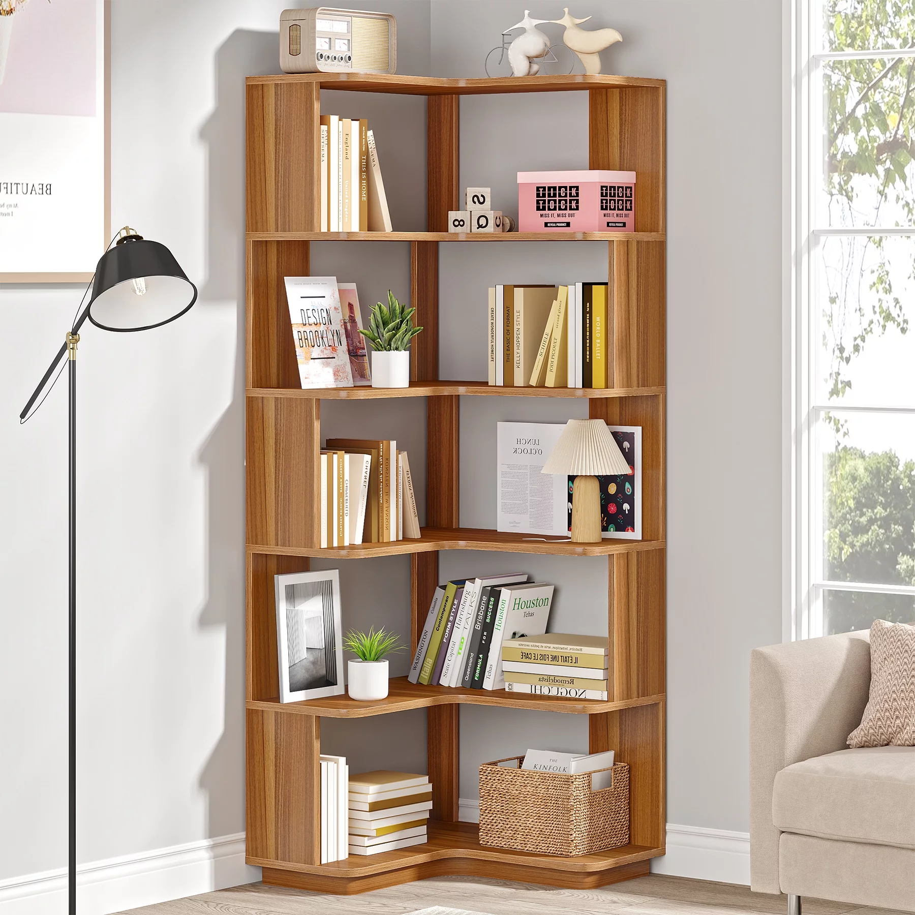 Tribesigns 6-Tier Corner Bookshelf, 64.9 Inch Tall Industrial Bookcase with Anti-drop Panel
