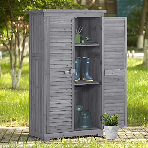 Outdoor Storage Cabinet, Garden Wood Tool Shed, Outside Wooden Shed Closet with Shelves and Latch for Yard, Patio