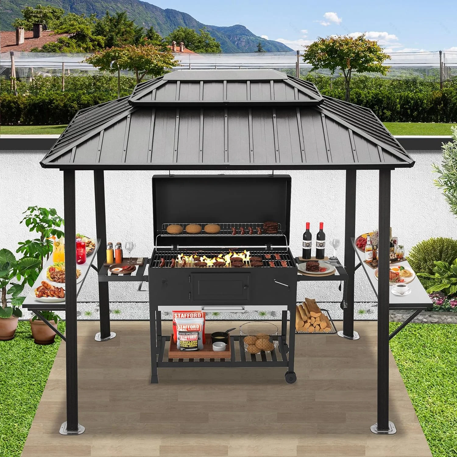 Domi Grill Gazebo 8' 6', Aluminum BBQ Gazebo Outdoor Metal Frame with Shelves Serving Tables