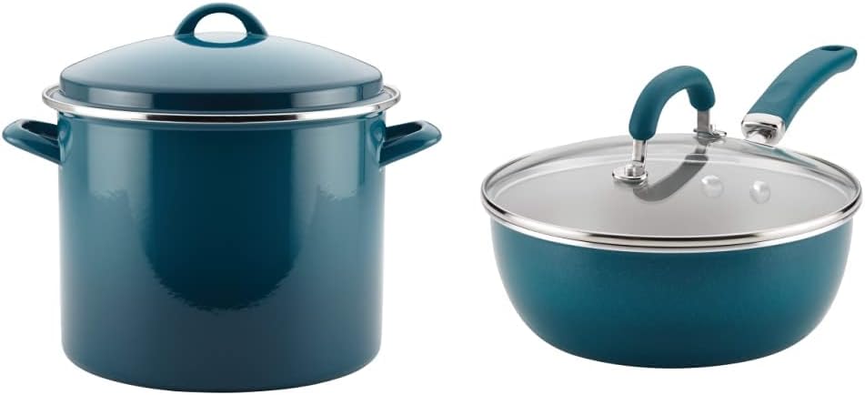 Rachael Ray Enamel on Steel Stock Pot/Stockpot with Lid, 12 Quart, Marine Blue & Create Delicious Nonstick Saute/All Purpose Pan with Lid, 3 Quart